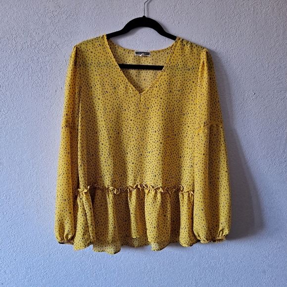 Pleione Tops - Pleione Yellow V Neck Peplum Blouse
